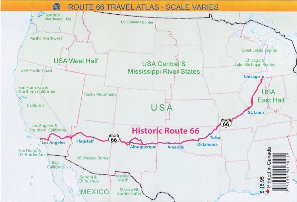 Route 66 between Los Angeles and Chicago presented in a handy size, A5 pape...